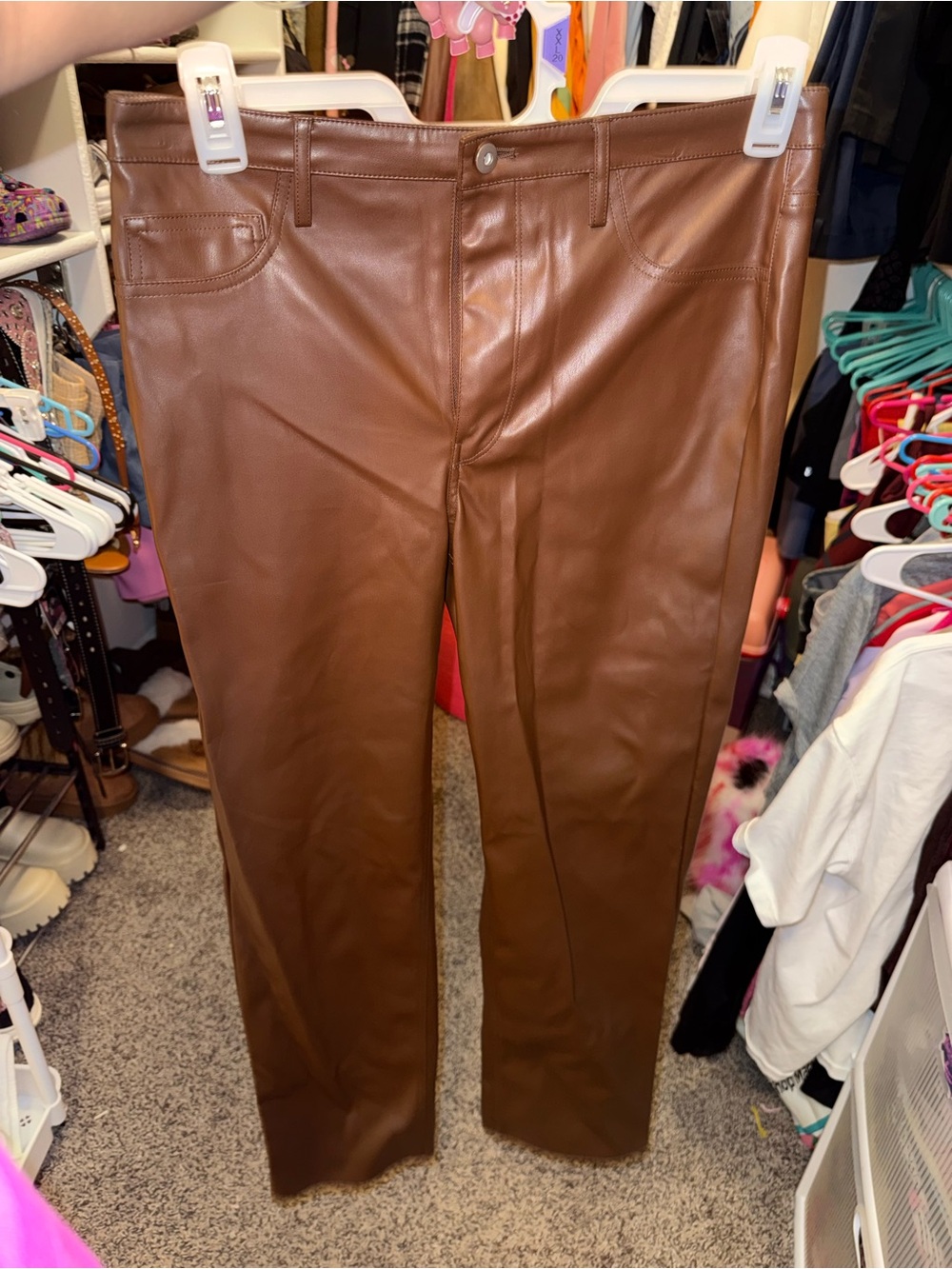 Brown Faux Leather Straight-Leg Pants